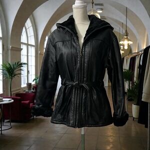 Wilsons Leather Black Hooded Plush-Lined Leather Parka Coat Size S